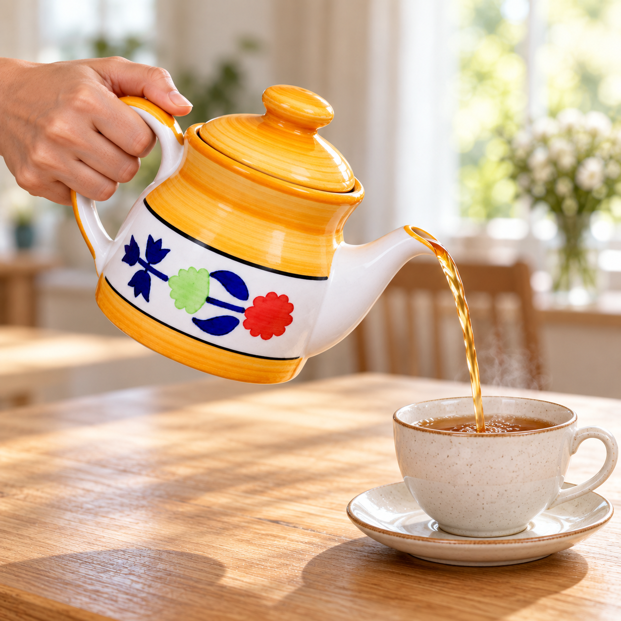 KunhaR Ceramic Teapot with Lid, 650 ml, Yellow Floral | Tea & Coffee Serving Pot for Kitchen & Dining, 1 Piece - Image 5
