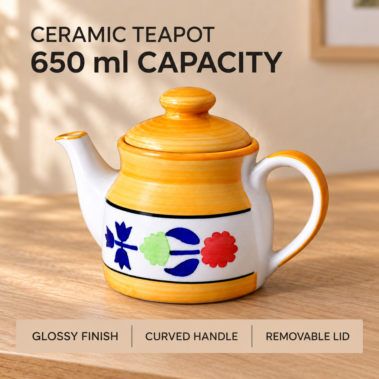 KunhaR Ceramic Teapot with Lid, 650 ml, Yellow Floral | Tea & Coffee Serving Pot for Kitchen & Dining, 1 Piece - Image 7