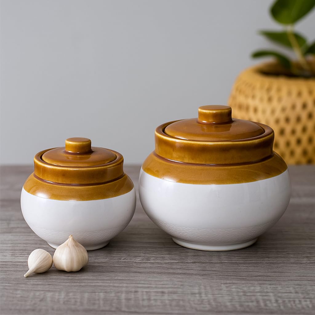 Kunhar Ceramic Multipurpose Jar, Pickle Jars - 400 Ml, 750 Ml Set Of 2, Multicolor