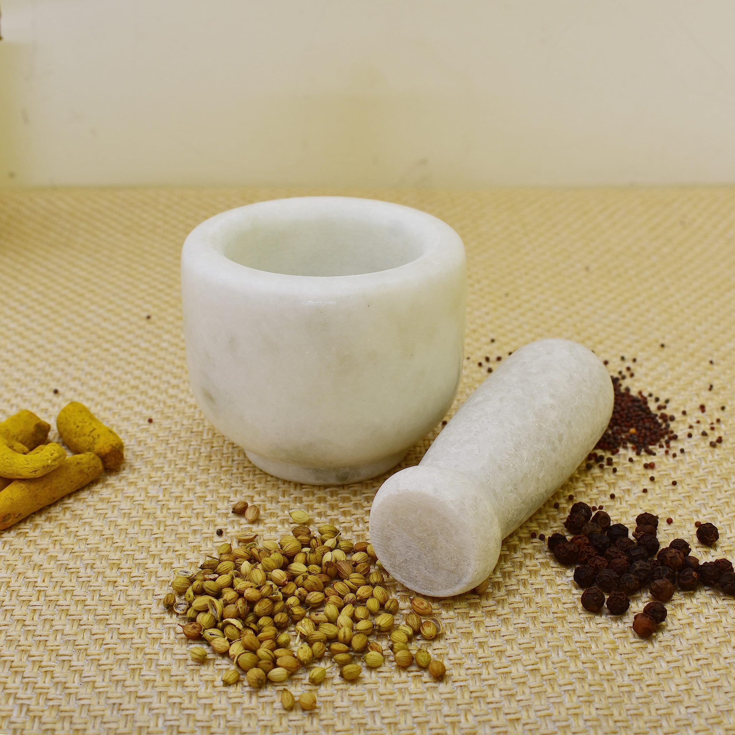KunhaR Natural White Marble Mortar and Pestle Set, Imam Dasta, Ohkli Musal, Kharal - 3 x 2.5 Inches, White, (Half Polish) - Image 5