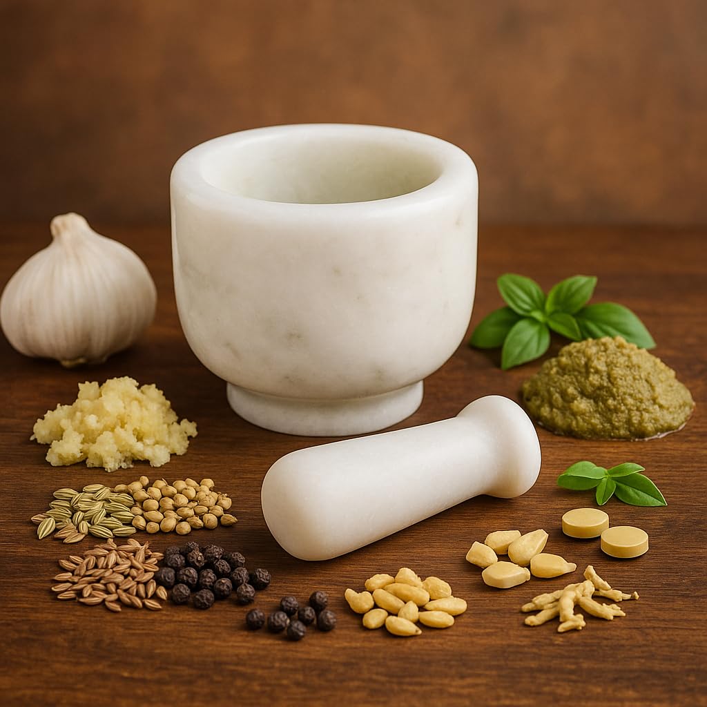 KunhaR Natural White Marble Mortar and Pestle Set, Imam Dasta, Ohkli Musal, Kharal - 3 x 2.5 Inches, White, (Half Polish) - Image 6