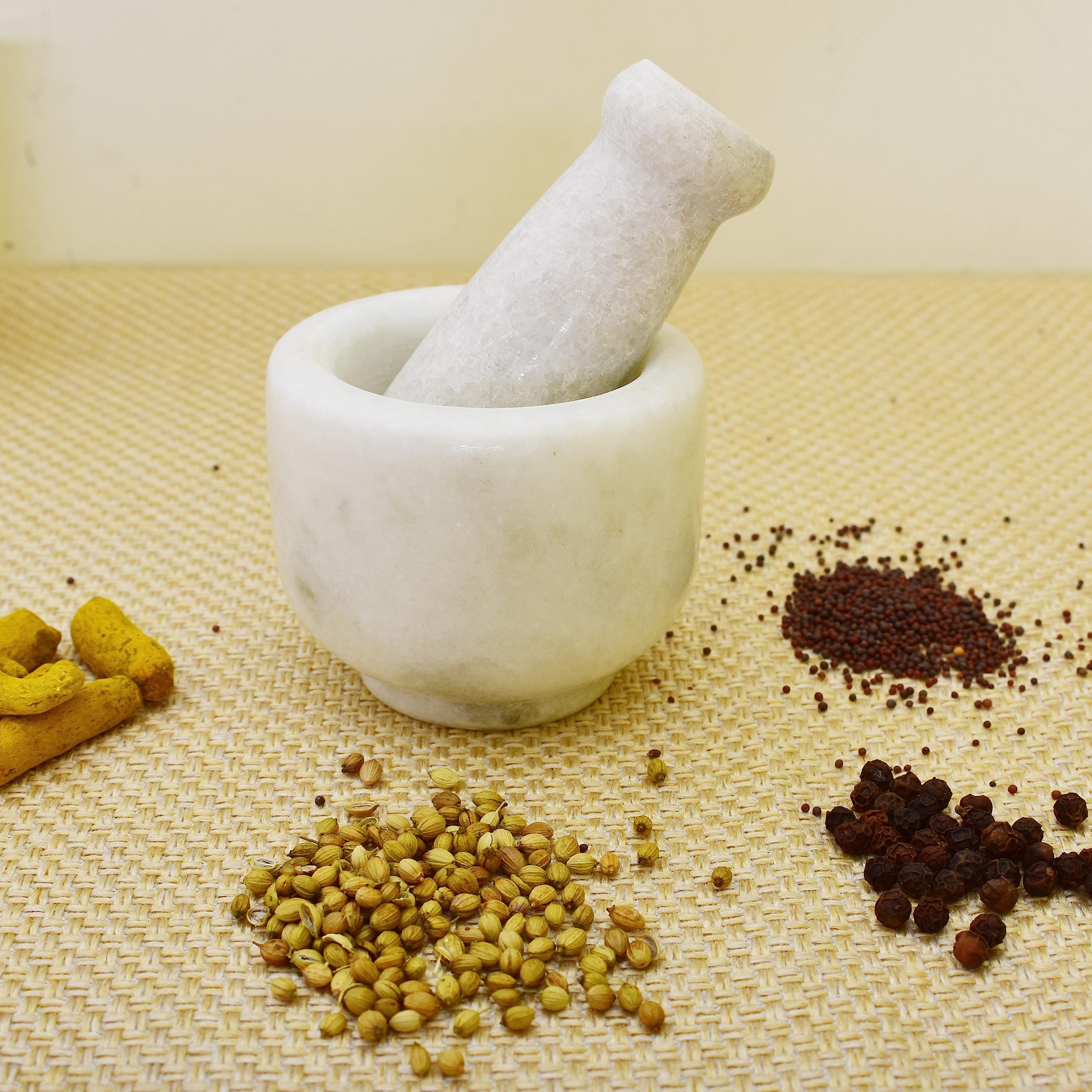 KunhaR Natural White Marble Mortar and Pestle Set, Imam Dasta, Ohkli Musal, Kharal - 3 x 2.5 Inches, White, (Half Polish) - Image 8