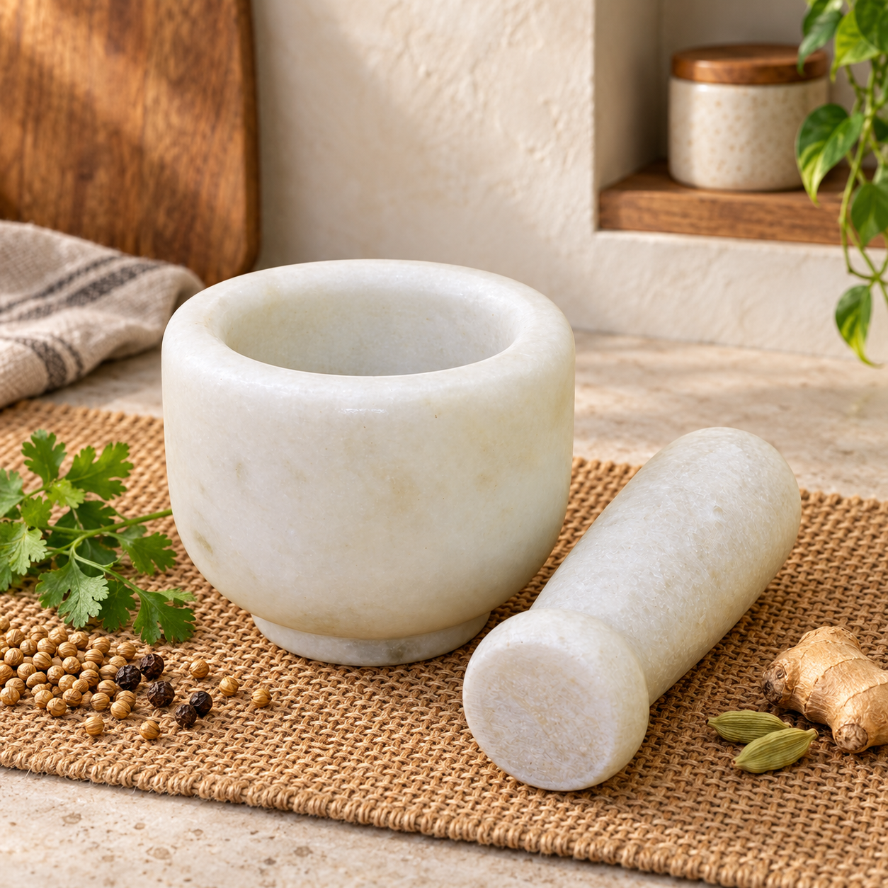 KunhaR Natural White Marble Mortar and Pestle Set, Imam Dasta, Ohkli Musal, Kharal - 3 x 2.5 Inches, White, (Half Polish)