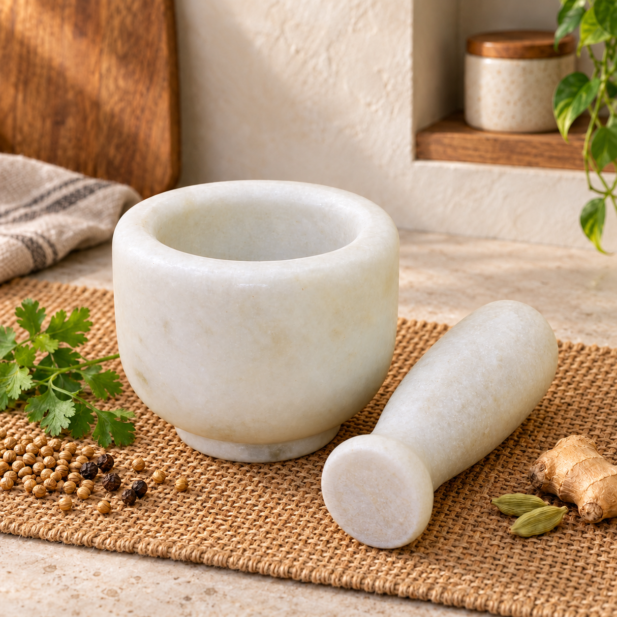 KunhaR Natural White Marble Mortar and Pestle Set, Imam Dasta, Ohkli Musal, Kharal - 3 x 2.5 Inches, White, (Half Polish)