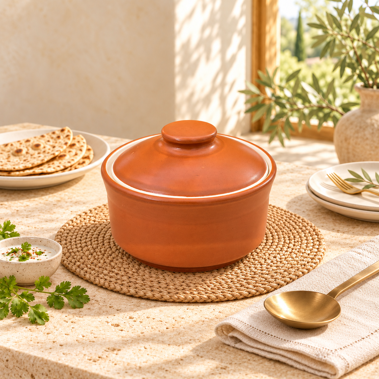 KunhaR Multipurpose Ceramic Donga – Terracotta Plain | 270 ML Lidded Serving Donga | Microwave & Dishwasher Safe | Ideal for Gravy, Dal, Curry & More