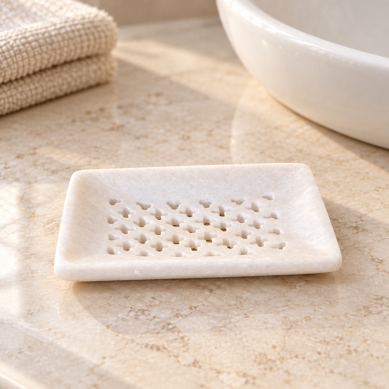 KunhaR Natural White Marble Soap Dish Handcrafted Stone Holder for Bathroom, Tub & Wash Basin (2.8 x 3.9 Inch)