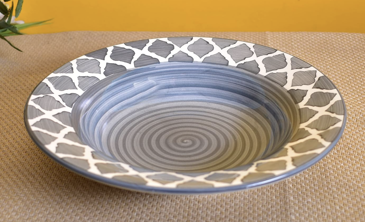 Kunhar Glazed Studio Pottery Ceramic Pasta Plate, 2 Pieces, Grey (8.9 Inch)