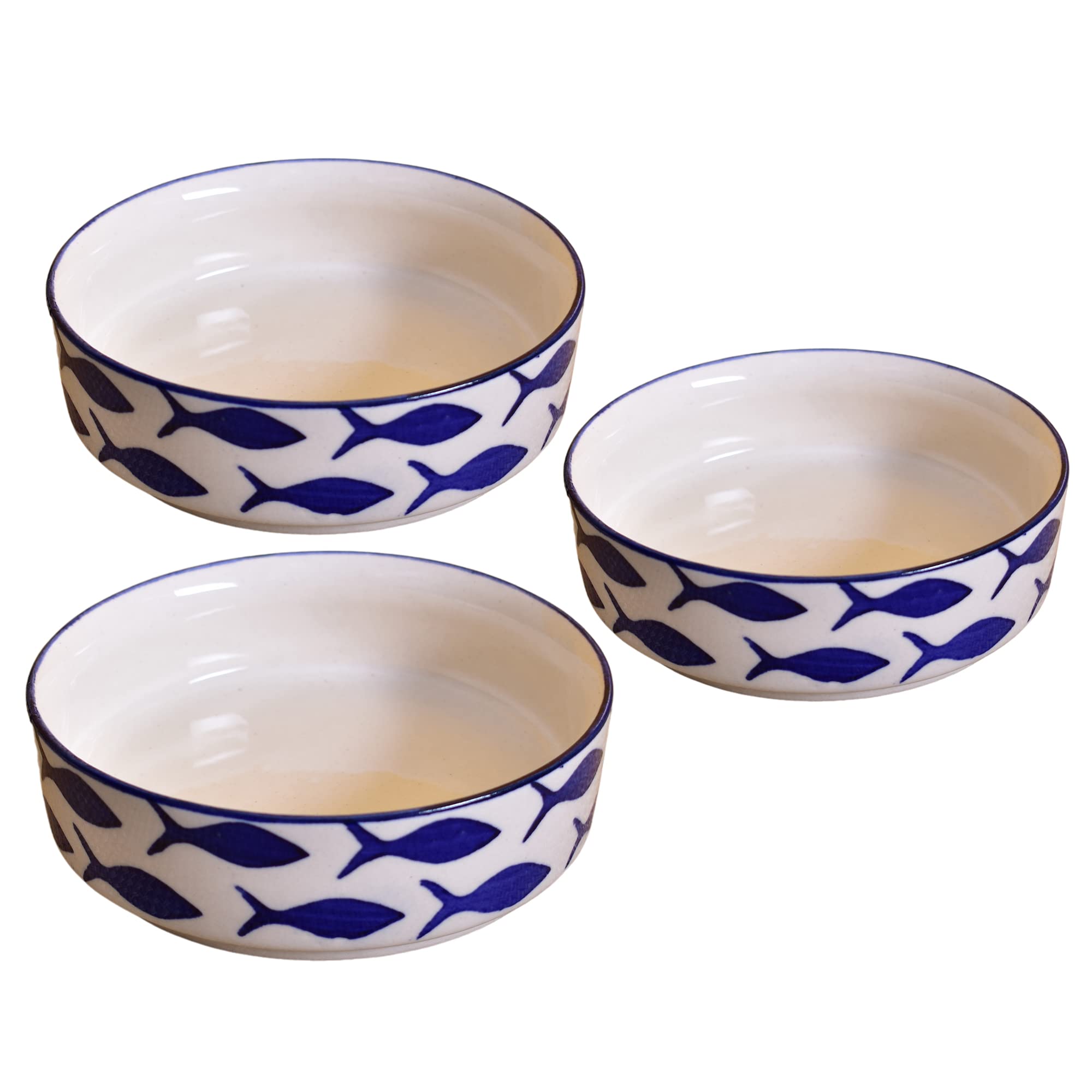 Kunhar Ceramic Bowls Set for Snacks Ceramic Serving Bowl Set for Dinner - 650 ML, 550 ML and 400 ML, 3 Pieces, Blue Fish