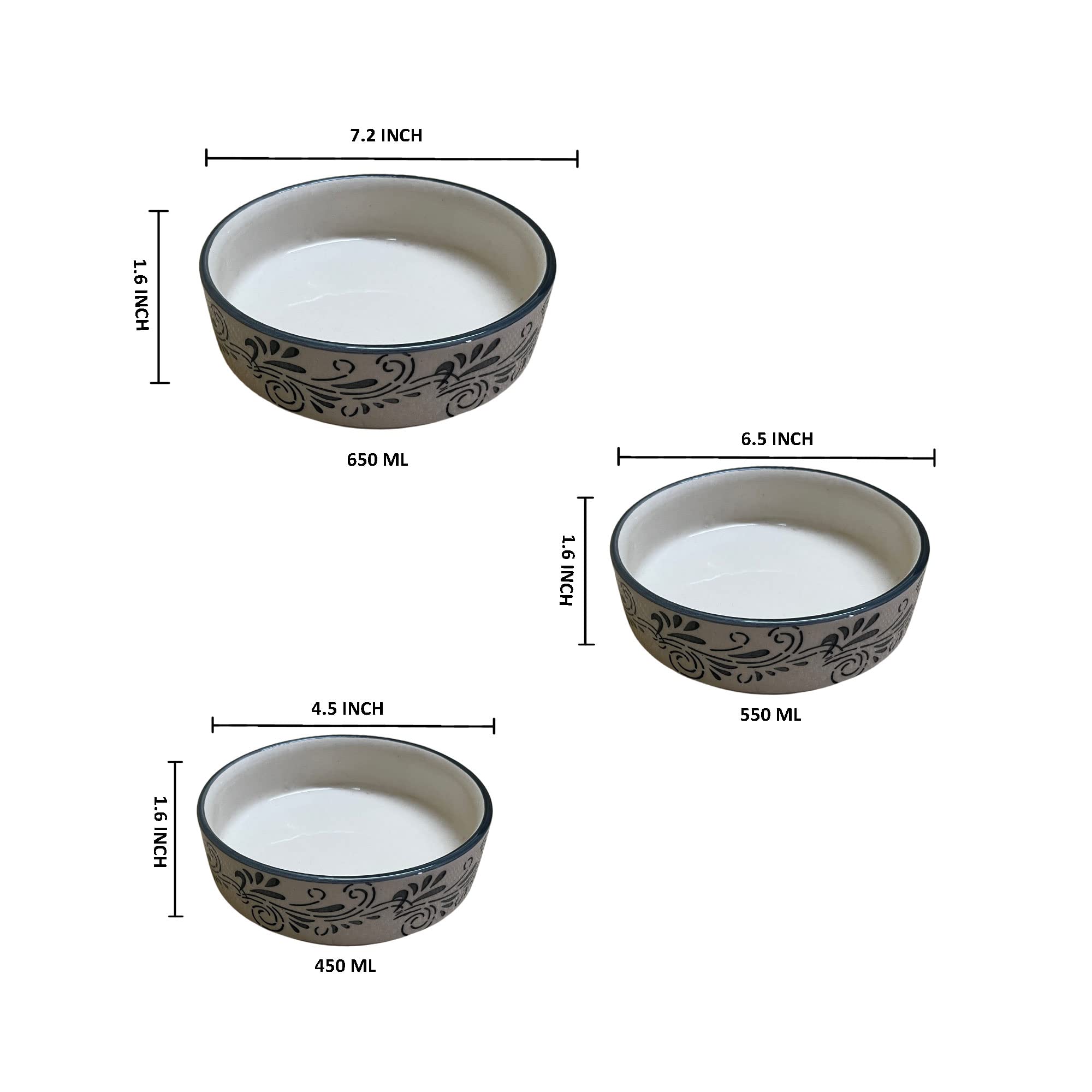 Kunhar Ceramic Bowls Set for Snacks Ceramic Serving Bowl Set for Dinner - 650 ML, 550 ML and 400 ML, 3 Pieces, White Grey