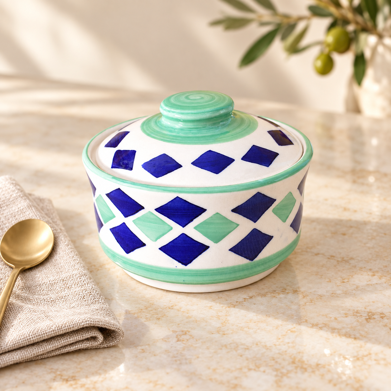 Kunhar Ceramic Lidded Serving Donga, 270 ml, White with Mint Green and Cobalt Blue Diamond Pattern