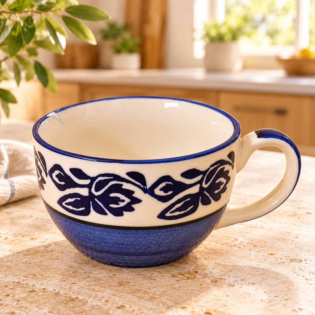 KunhaR Ceramic Jumbo Mug for Coffee, Soup & Noodles - 350 ml - Microwave Safe & Freezer Safe, Set of 1, Blue Vine
