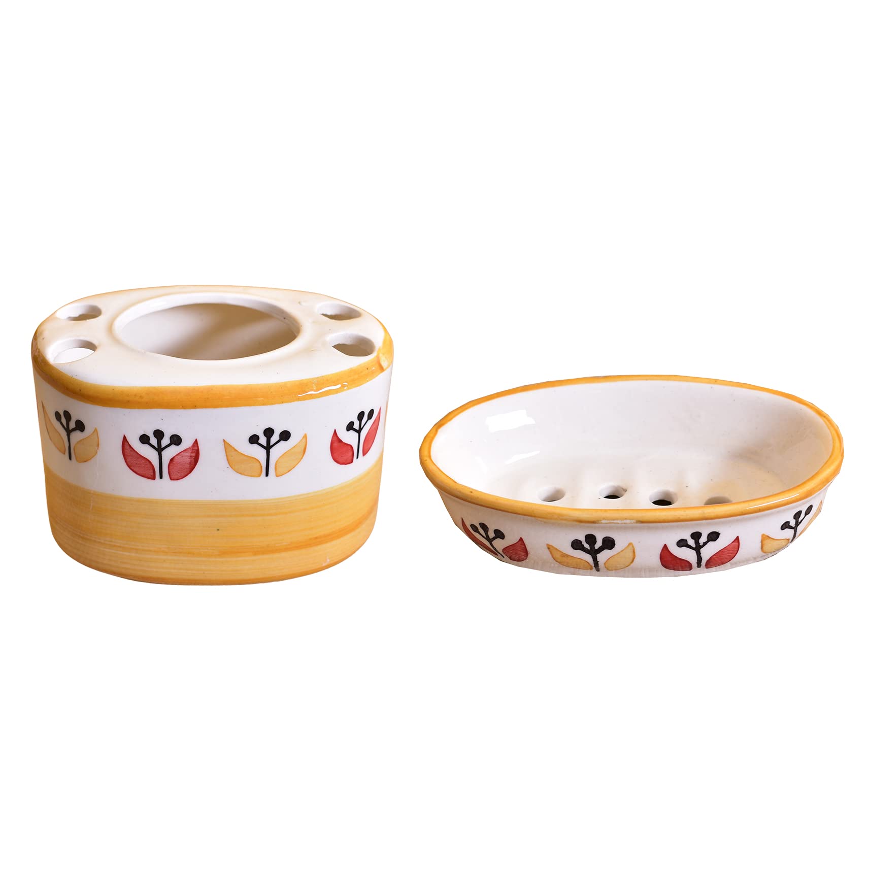 Kunhar Ceramic 2-Piece Bathroom Accessories Set (1 Soap Dish Holder and 1 Toothbrush Holder), Yellow White