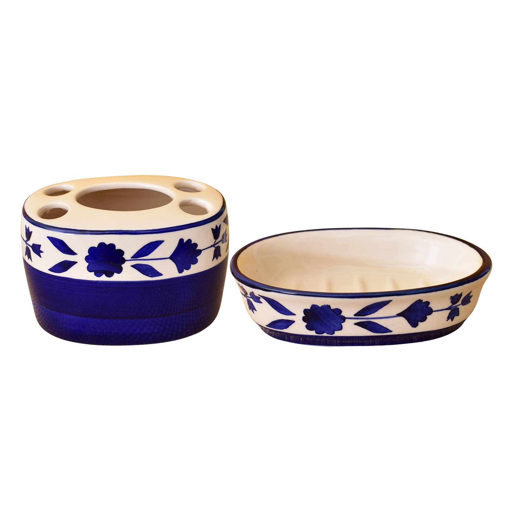 Kunhar Ceramic 2-Piece Bathroom Accessories Set (1 Soap Dish Holder and 1 Toothbrush Holder), Blue Flower
