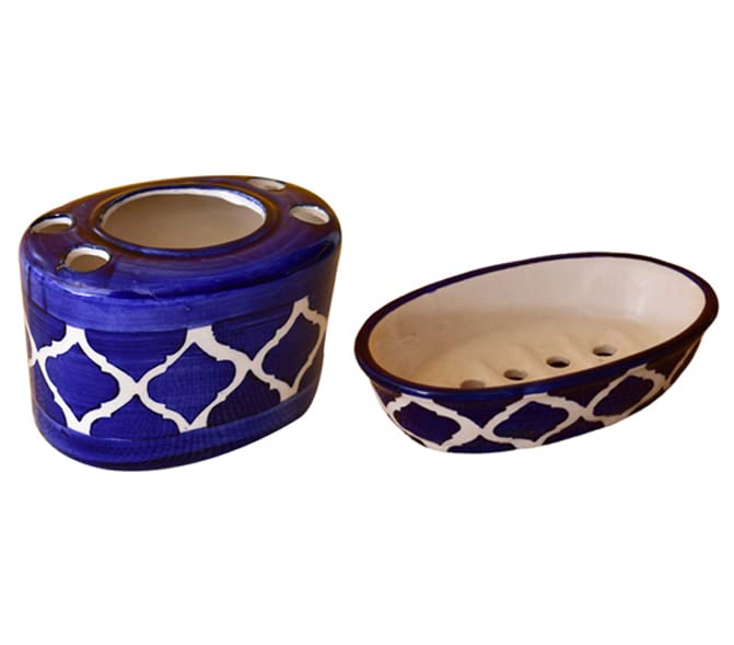 Kunhar Ceramic 2-Piece Bathroom Accessories Set (1 Soap Dish Holder and 1 Toothbrush Holder), Blue