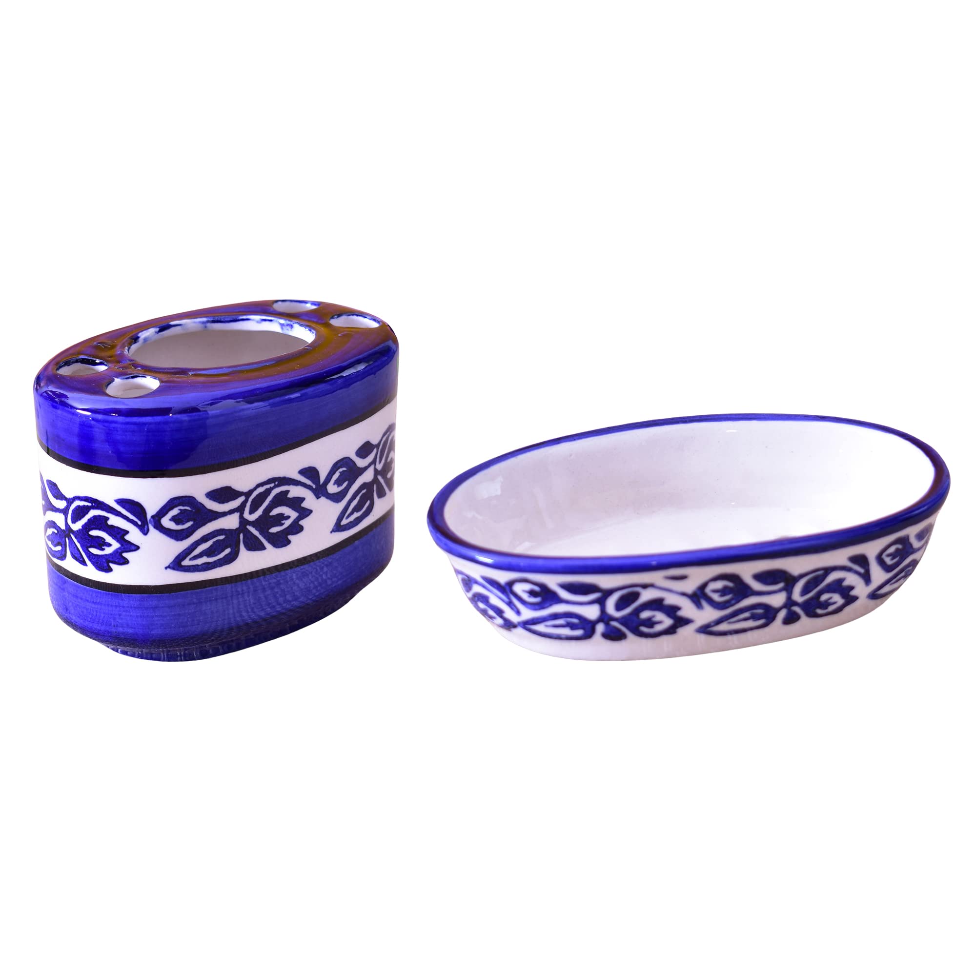 Kunhar Ceramic 2-Piece Bathroom Accessories Set (1 Soap Dish Holder and 1 Toothbrush Holder), Blue Vine