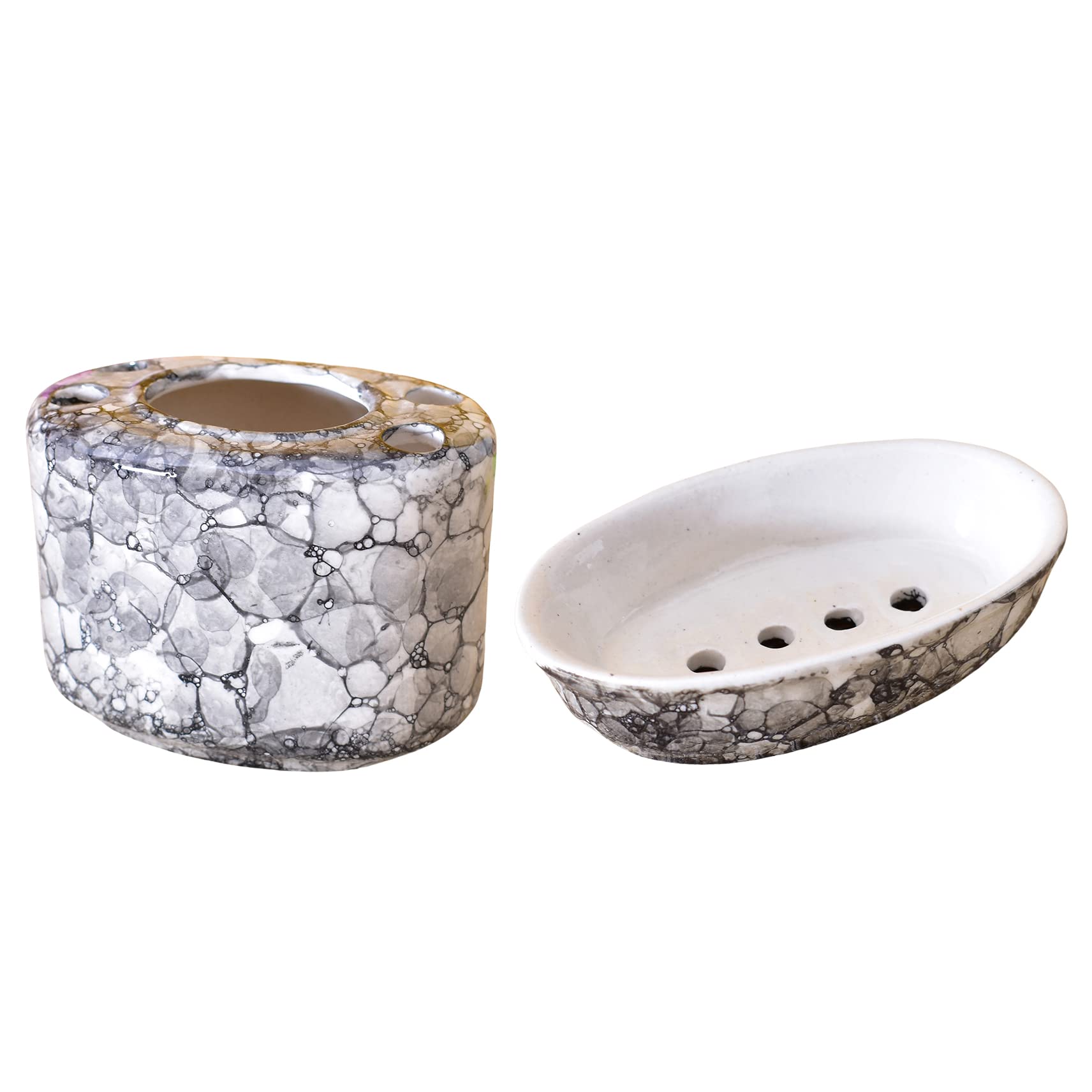 Kunhar Ceramic 2-Piece Bathroom Accessories Set (1 Soap Dish Holder and 1 Toothbrush Holder), Black Luster