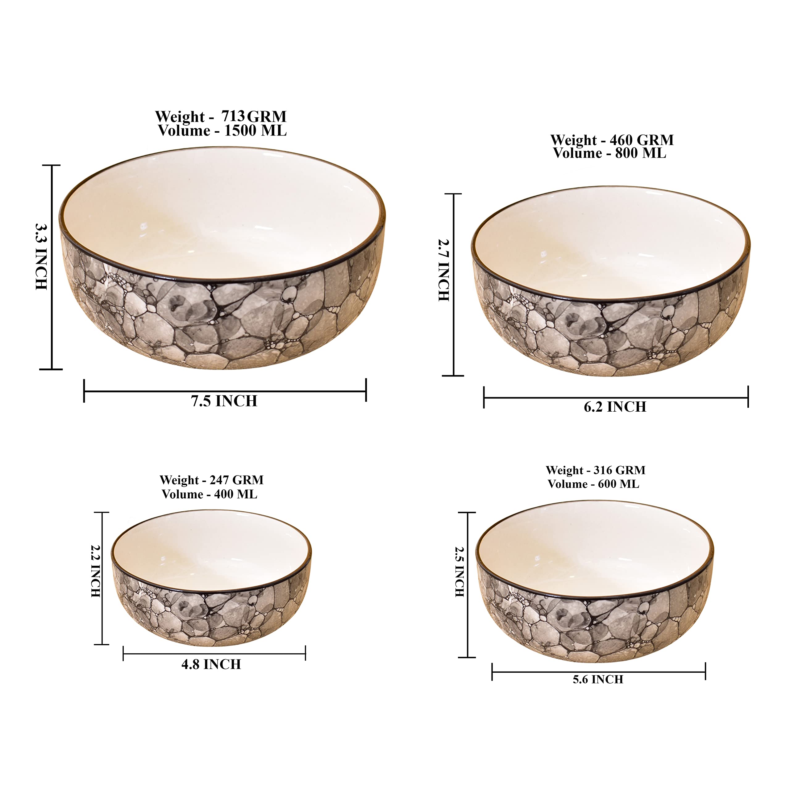 Kunhar Ceramic Mixing Bowl Set – 4 Pieces (1500ml, 800ml, 600ml, 400ml), Black Luster – Durable, Microwave & Dishwasher Safe – Ideal for Mixing, Serving & Storage — product view 4