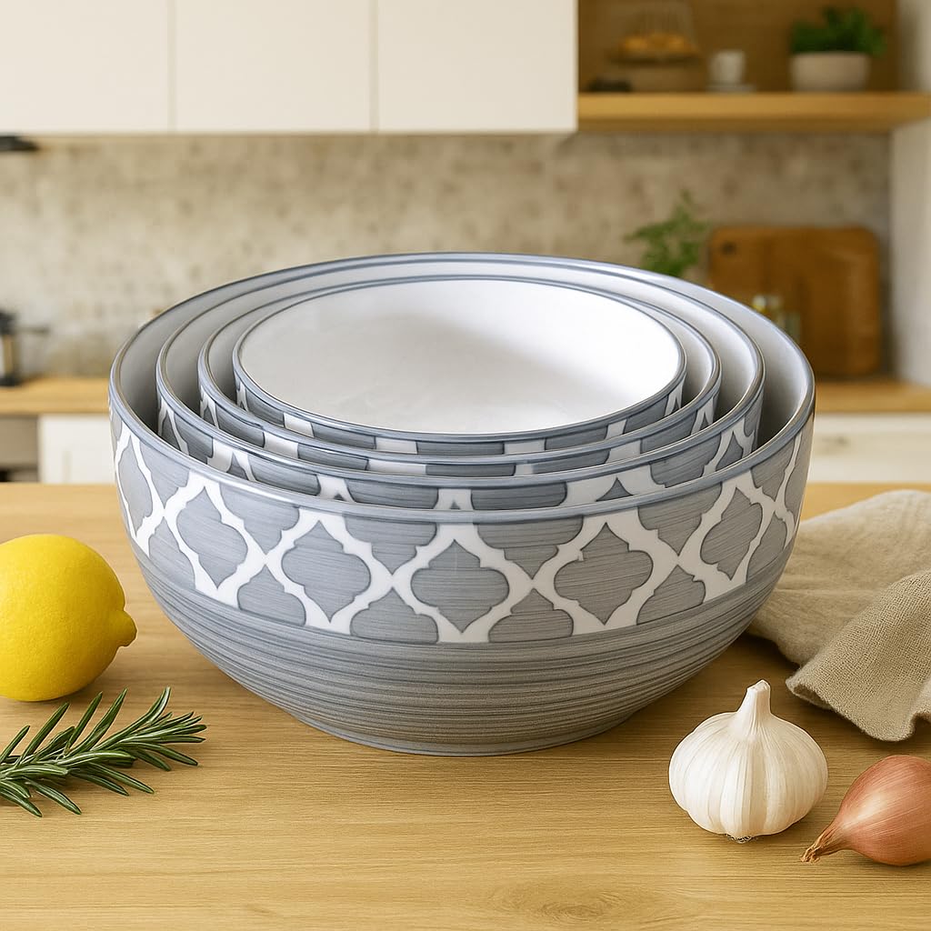 Kunhar Ceramic Mixing Bowl Set – 4 Pieces (1500ml, 800ml, 600ml, 400ml), Grey Umrao – Durable, Microwave & Dishwasher Safe – Ideal for Mixing, Serving & Storage