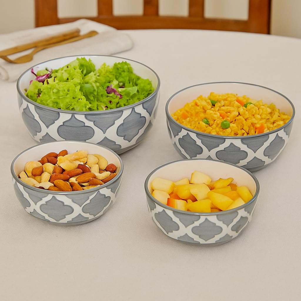 Kunhar Ceramic Mixing Bowl Set – 4 Pieces (1500ml, 800ml, 600ml, 400ml), Grey Umrao – Durable, Microwave & Dishwasher Safe – Ideal for Mixing, Serving & Storage