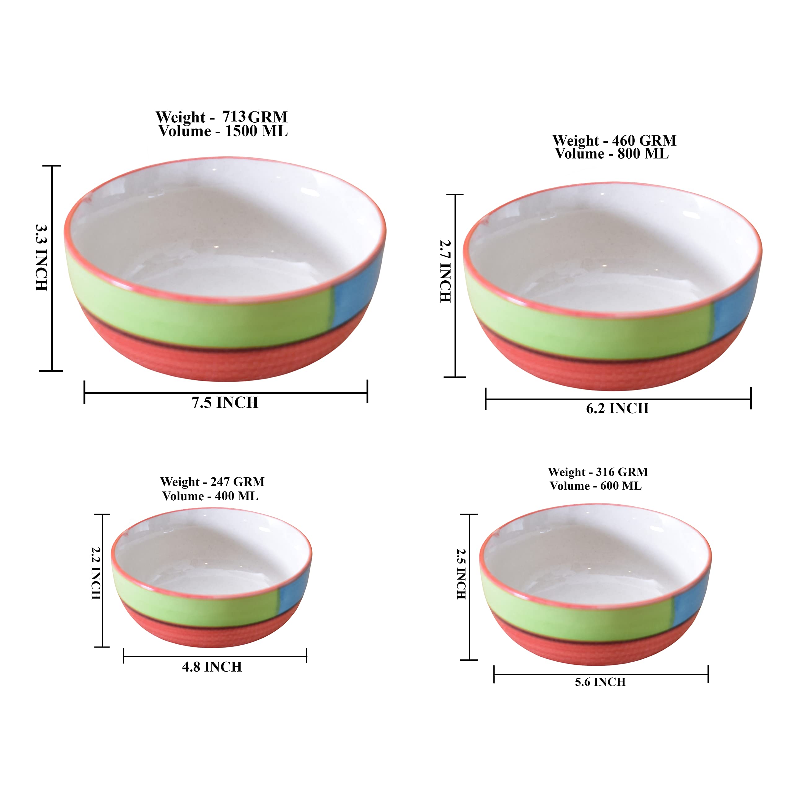 Kunhar Ceramic Mixing Bowl Set – 4 Pieces (1500ml, 800ml, 600ml, 400ml), Red Multi – Durable, Microwave & Dishwasher Safe – Ideal for Mixing, Serving & Storage - Image 9