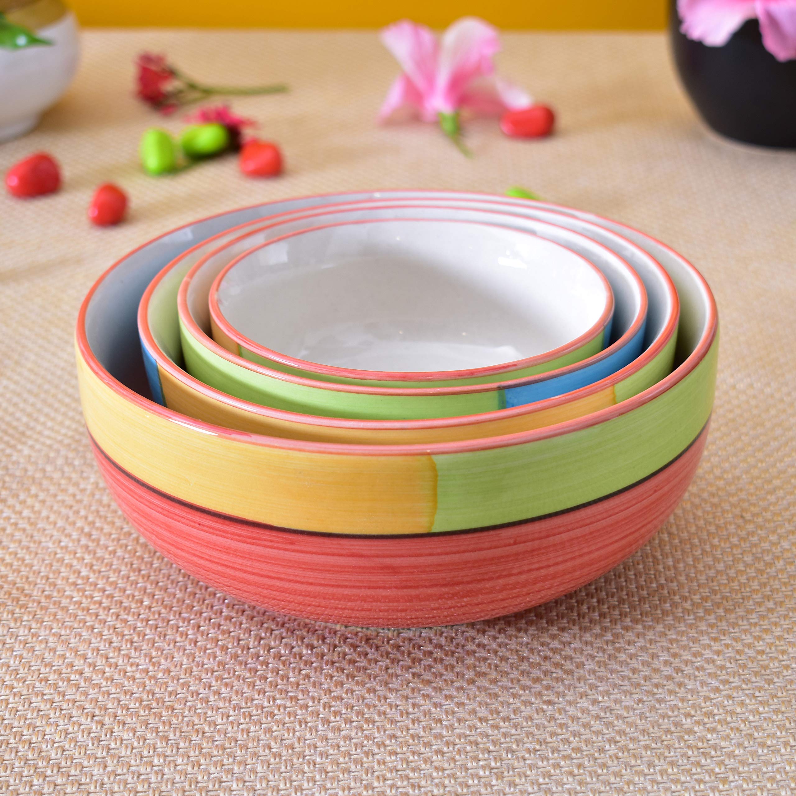 Kunhar Ceramic Mixing Bowl Set – 4 Pieces (1500ml, 800ml, 600ml, 400ml), Red Multi – Durable, Microwave & Dishwasher Safe – Ideal for Mixing, Serving & Storage - Image 10