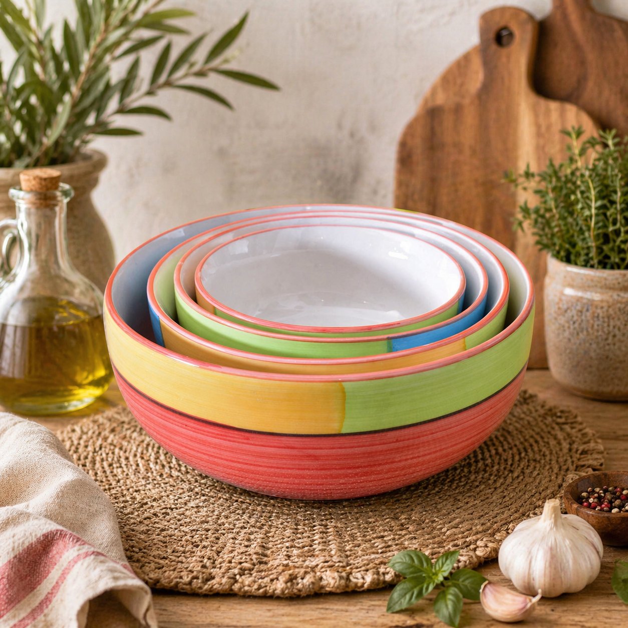 Kunhar Ceramic Mixing Bowl Set – 4 Pieces (1500ml, 800ml, 600ml, 400ml), Red Multi – Durable, Microwave & Dishwasher Safe – Ideal for Mixing, Serving & Storage