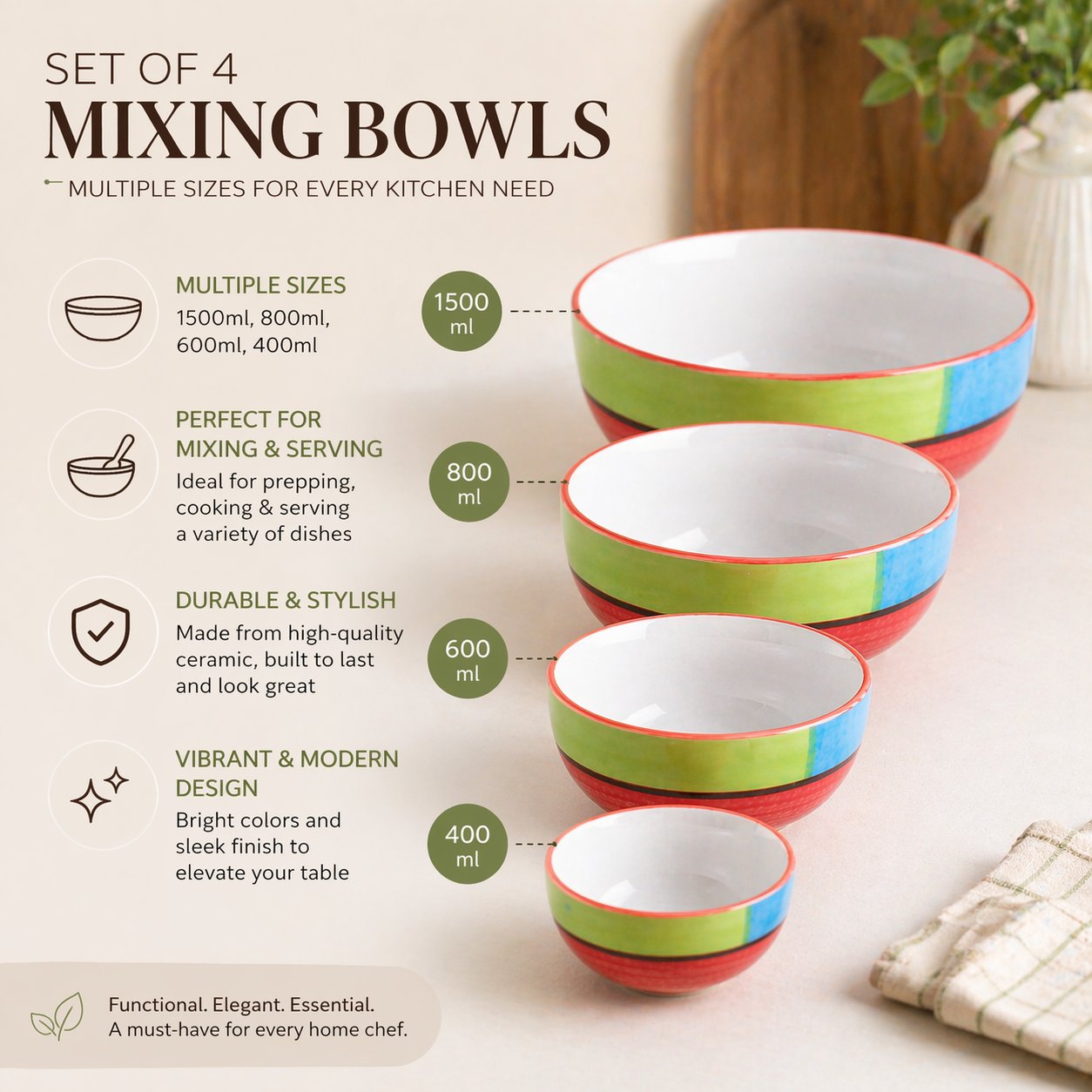 Kunhar Ceramic Mixing Bowl Set – 4 Pieces (1500ml, 800ml, 600ml, 400ml), Red Multi – Durable, Microwave & Dishwasher Safe – Ideal for Mixing, Serving & Storage - Image 7