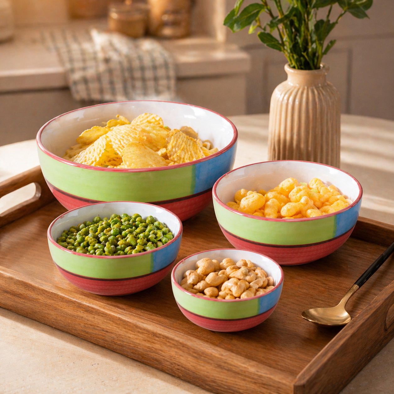 Kunhar Ceramic Mixing Bowl Set – 4 Pieces (1500ml, 800ml, 600ml, 400ml), Red Multi – Durable, Microwave & Dishwasher Safe – Ideal for Mixing, Serving & Storage - Image 3