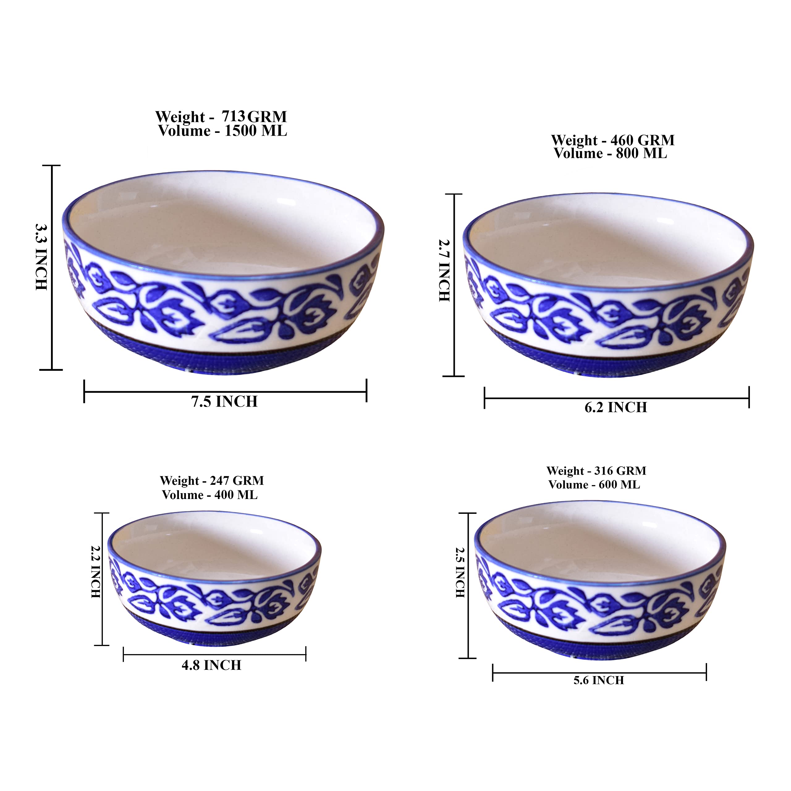 Kunhar Ceramic Mixing Bowl Set – 4 Pieces (1500ml, 800ml, 600ml, 400ml), Blue Vine – Durable, Microwave & Dishwasher Safe – Ideal for Mixing, Serving & Storage - Image 5