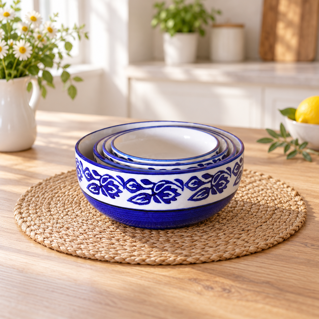 Kunhar Ceramic Mixing Bowl Set – 4 Pieces (1500ml, 800ml, 600ml, 400ml), Blue Vine – Durable, Microwave & Dishwasher Safe – Ideal for Mixing, Serving & Storage