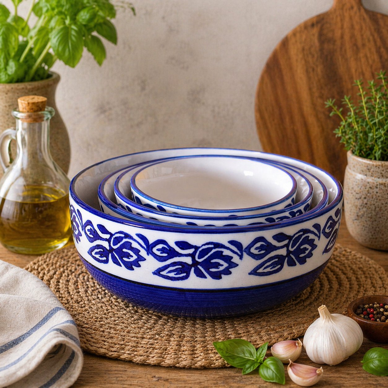 Kunhar Ceramic Mixing Bowl Set – 4 Pieces (1500ml, 800ml, 600ml, 400ml), Blue Vine – Durable, Microwave & Dishwasher Safe – Ideal for Mixing, Serving & Storage