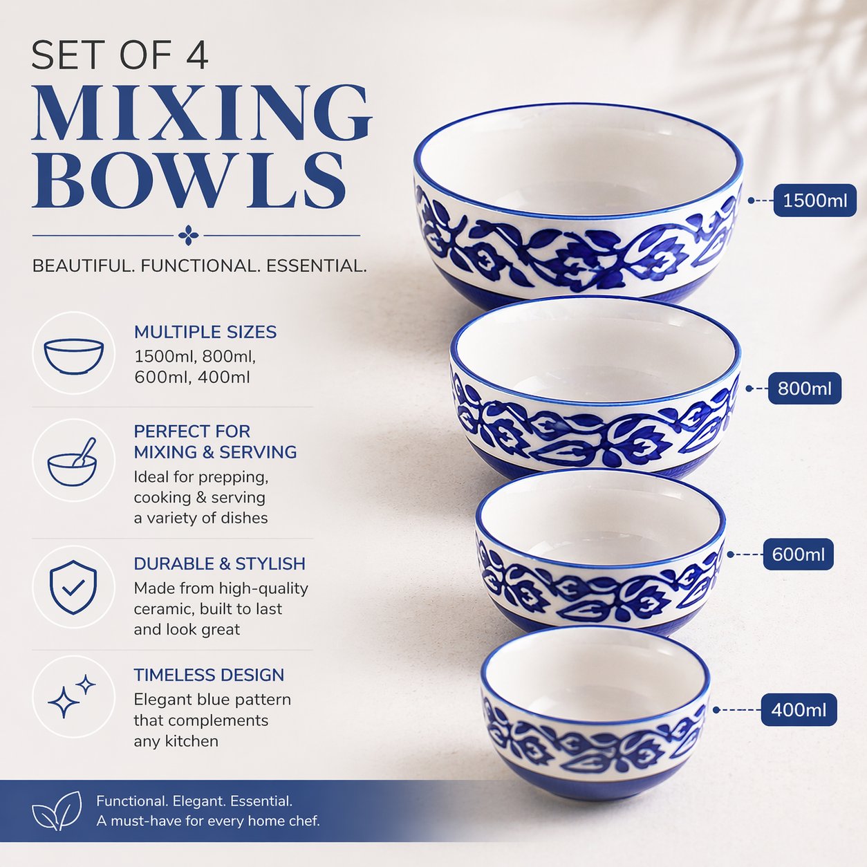 Kunhar Ceramic Mixing Bowl Set – 4 Pieces (1500ml, 800ml, 600ml, 400ml), Blue Vine – Durable, Microwave & Dishwasher Safe – Ideal for Mixing, Serving & Storage - Image 8