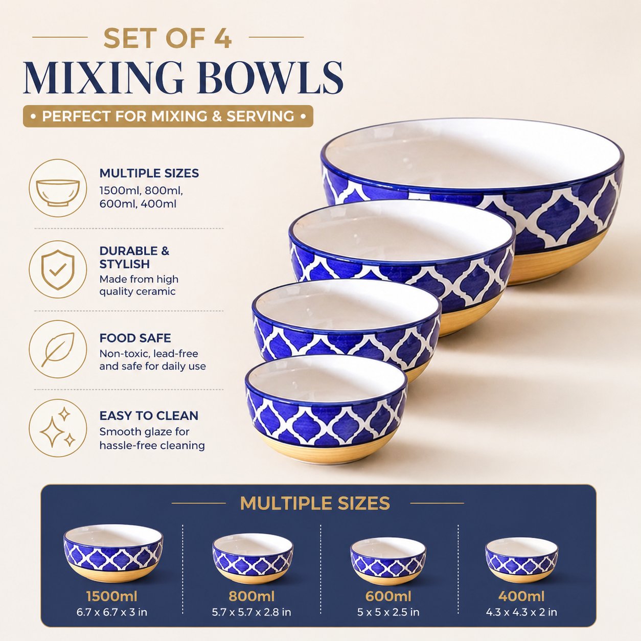 Kunhar Ceramic Mixing Bowl Set 4 Pieces Yellow Blue – 1500ML 800ML 600ML 400ML Microwave Dishwasher Safe for Mixing Serving Storage - Image 5