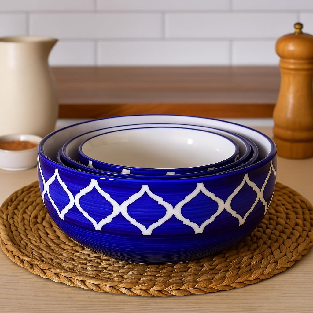 Kunhar Ceramic Mixing Bowl Set – 4 Pieces (1500ml, 800ml, 600ml, 400ml), Blue Umrao – Durable, Microwave & Dishwasher Safe – Ideal for Mixing, Serving & Storage