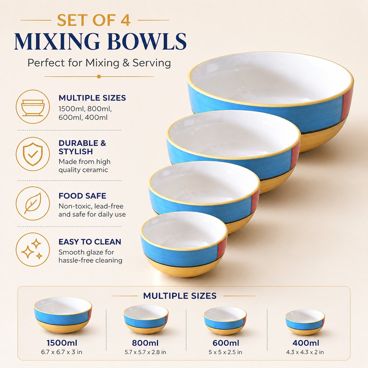 Kunhar Ceramic Mixing Bowl Set – 4 Pieces (1500ml, 800ml, 600ml, 400ml), Yellow – Durable, Microwave & Dishwasher Safe – Ideal for Mixing, Serving & Storage - Image 11