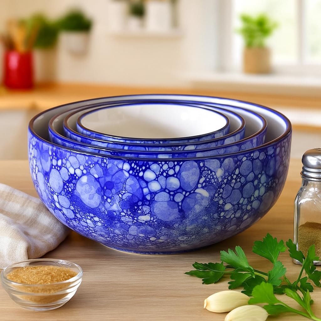 Kunhar Ceramic Mixing Bowl Set – 4 Pieces (1000ml, 750ml, 500ml, 300ml), Blue Luster – Durable, Microwave & Dishwasher Safe – Ideal for Mixing, Serving & Storage