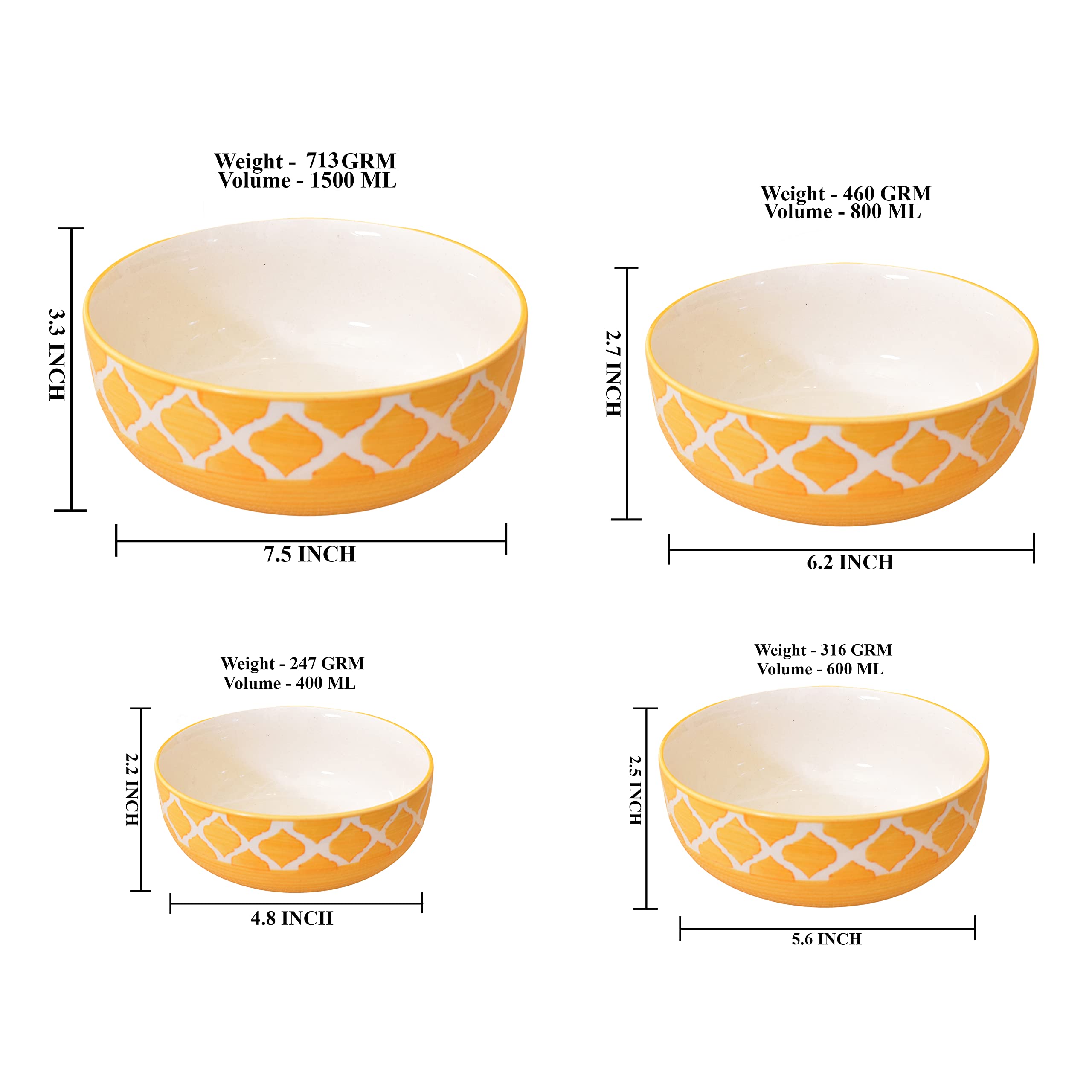 Kunhar Ceramic Mixing Bowl Set – 4 Pieces (1500ml, 800ml, 600ml, 400ml), Yellow – Durable, Microwave & Dishwasher Safe – Ideal for Mixing, Serving & Storage - Image 2