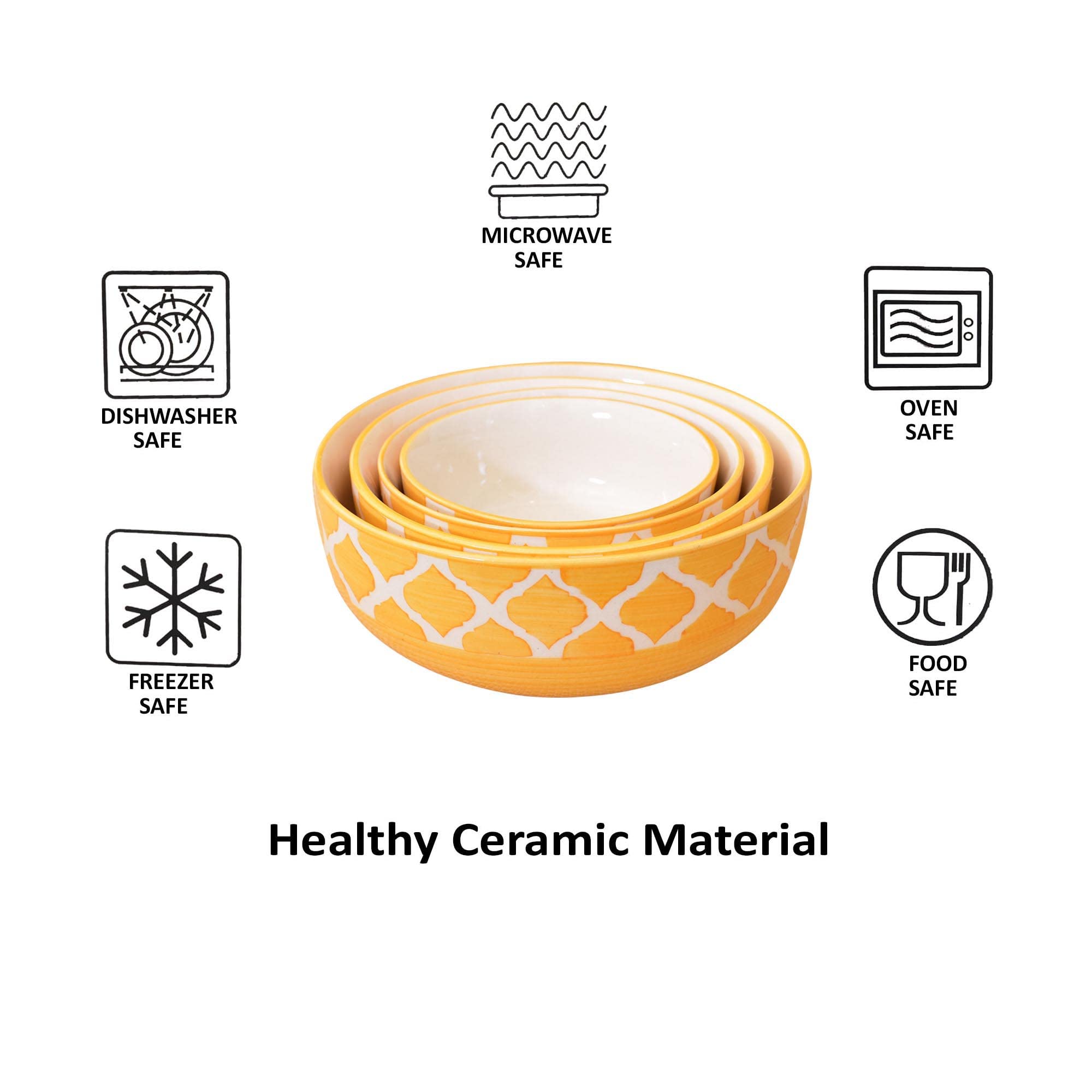 Kunhar Ceramic Mixing Bowl Set – 4 Pieces (1500ml, 800ml, 600ml, 400ml), Yellow – Durable, Microwave & Dishwasher Safe – Ideal for Mixing, Serving & Storage - Image 4
