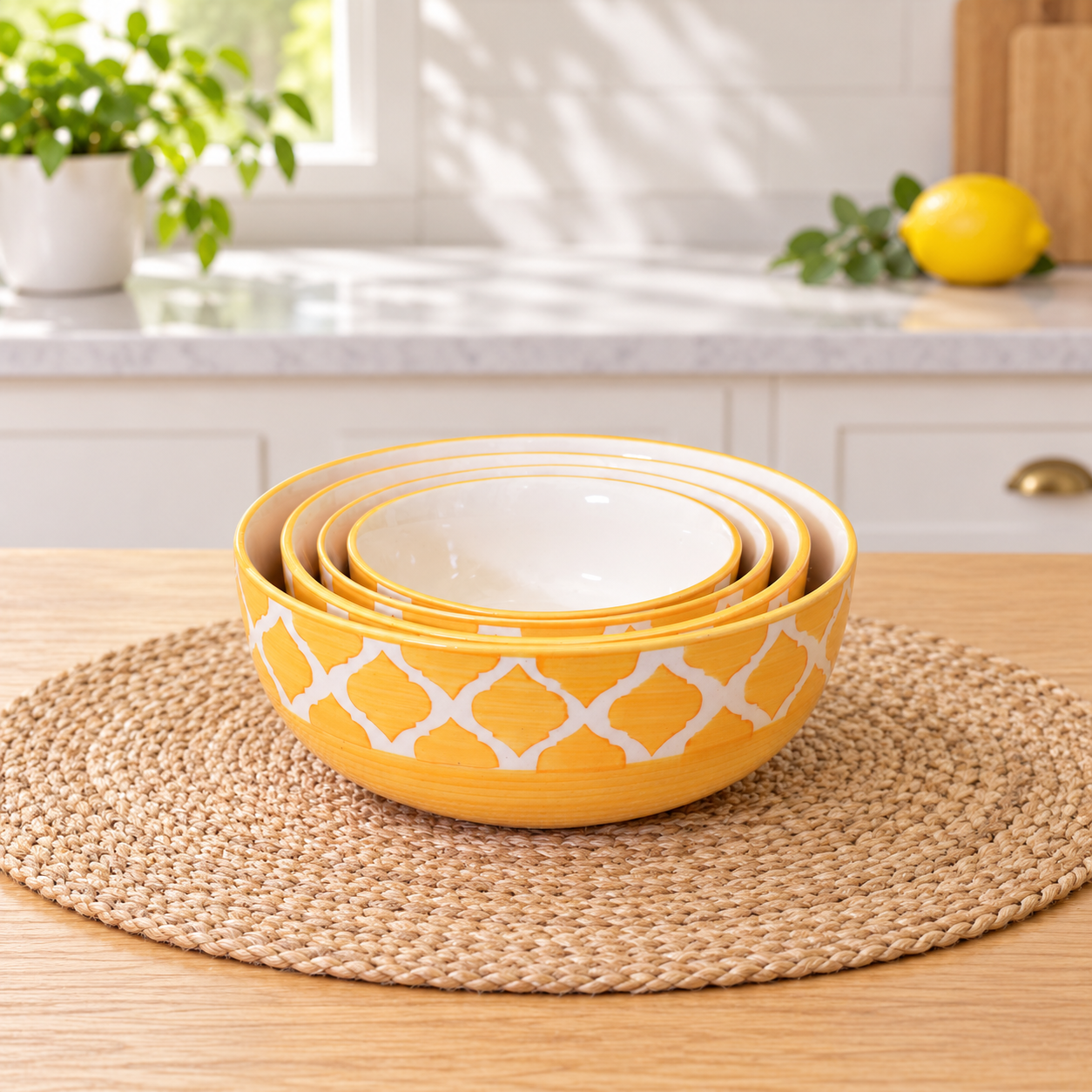 Kunhar Ceramic Mixing Bowl Set – 4 Pieces (1500ml, 800ml, 600ml, 400ml), Yellow – Durable, Microwave & Dishwasher Safe – Ideal for Mixing, Serving & Storage