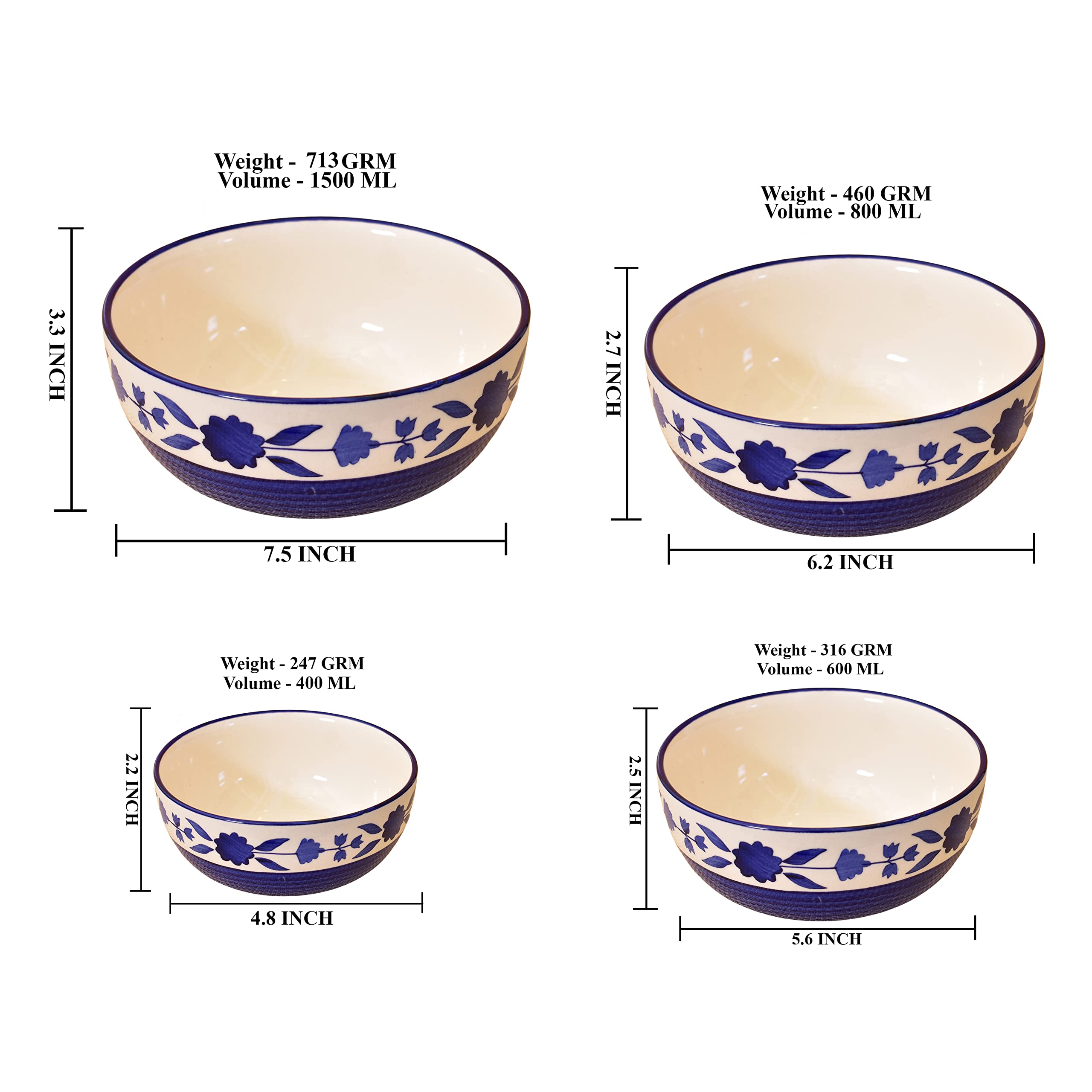 Kunhar Ceramic Mixing Bowl Set 4 Pieces 1500ml 800ml 600ml 400ml Blue Flower Durable Microwave Safe Dishwasher Safe Mixing Serving Storage - Image 5