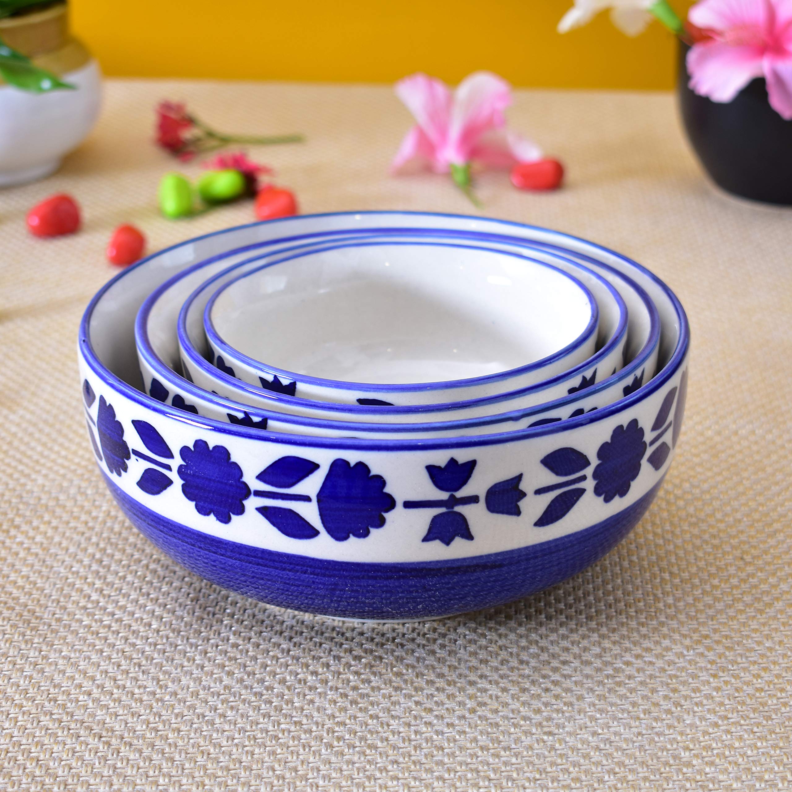 Kunhar Ceramic Mixing Bowl Set 4 Pieces 1500ml 800ml 600ml 400ml Blue Flower Durable Microwave Safe Dishwasher Safe Mixing Serving Storage - Image 6