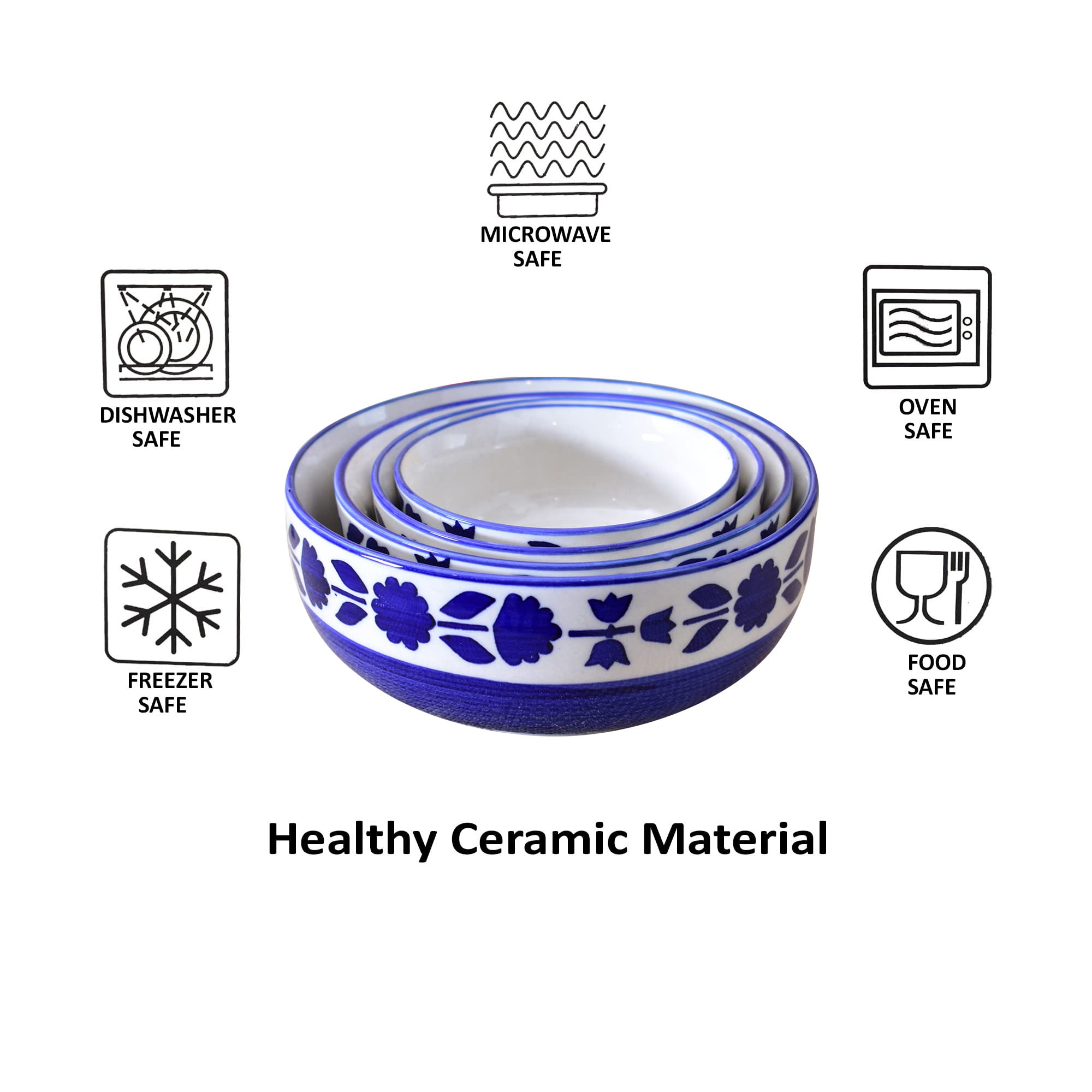 Kunhar Ceramic Mixing Bowl Set 4 Pieces 1500ml 800ml 600ml 400ml Blue Flower Durable Microwave Safe Dishwasher Safe Mixing Serving Storage - Image 7