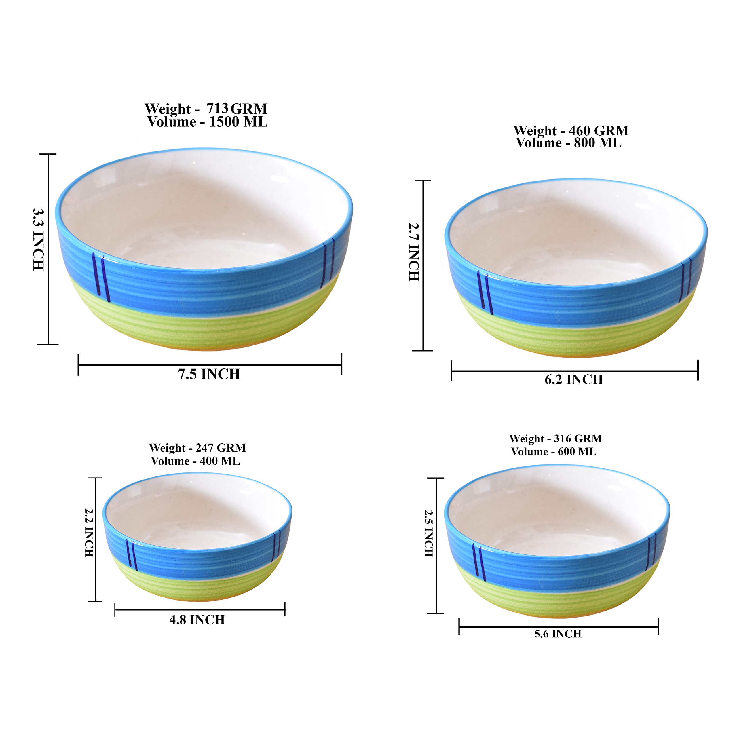 Kunhar Ceramic Mixing Bowl Set – 4 Pieces (1500ml, 800ml, 600ml, 400ml), Green – Durable, Microwave & Dishwasher Safe – Ideal for Mixing, Serving & Storage - Image 5