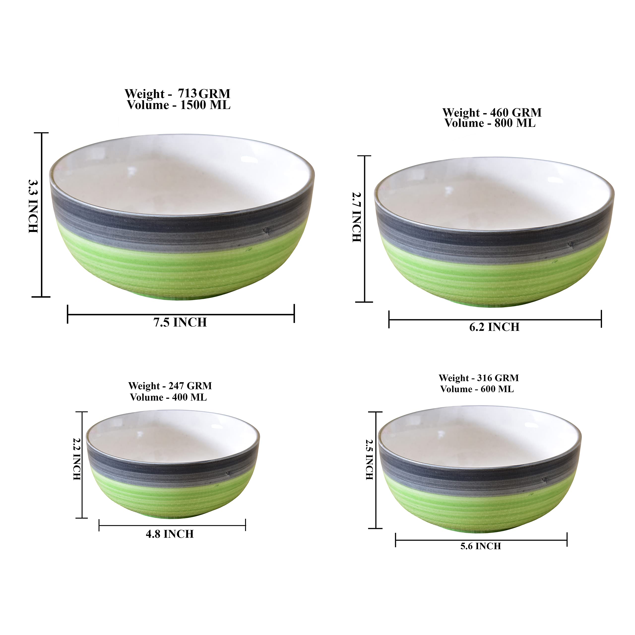 Kunhar Ceramic Mixing Bowl Set – 4 Pieces (1000ml, 750ml, 500ml, 300ml), Green Gray – Durable, Microwave & Dishwasher Safe – Ideal for Mixing, Serving & Storage - Image 5