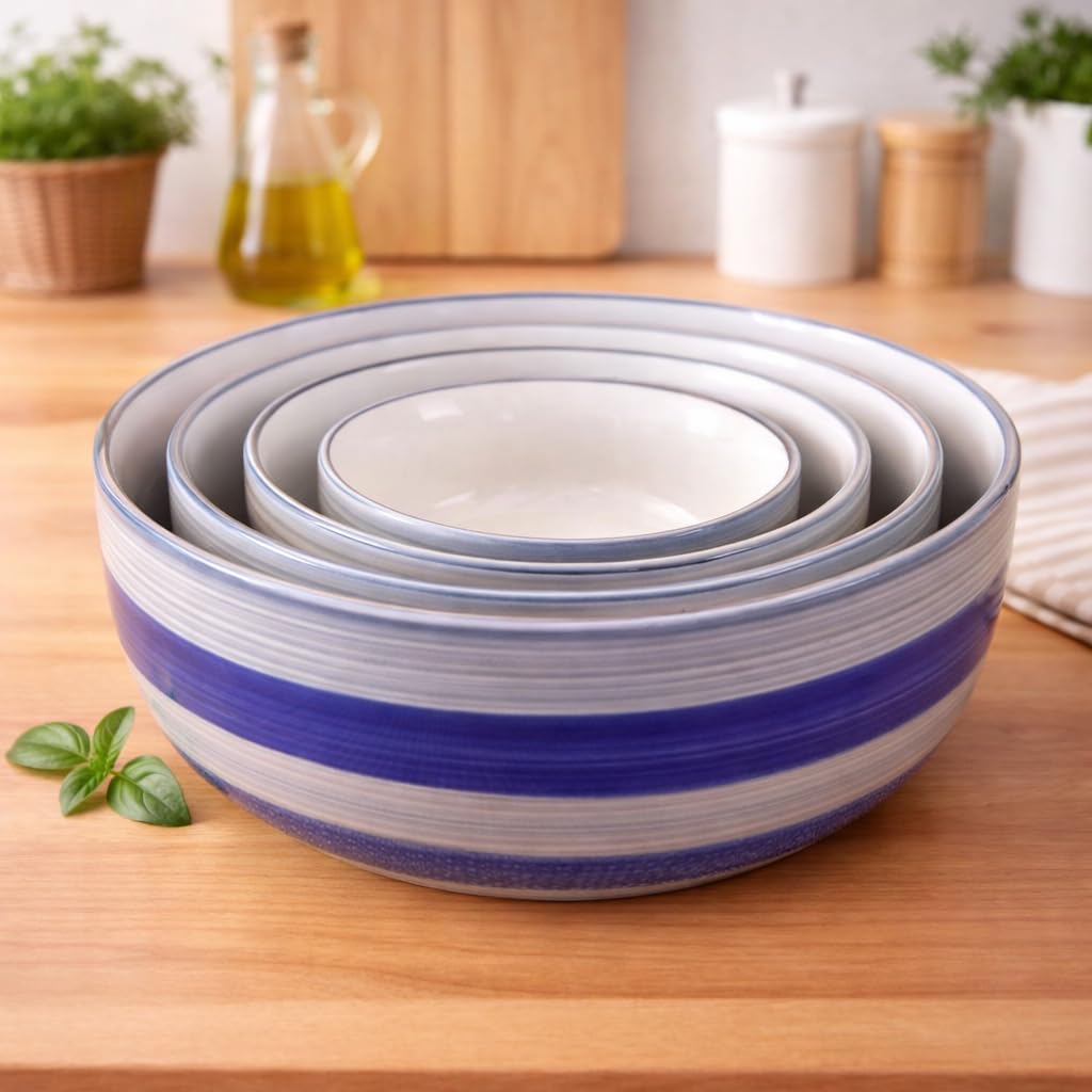 Kunhar Ceramic Mixing Bowl Set – 4 Pieces (1500ml, 800ml, 600ml, 400ml), Monsoon – Durable, Microwave & Dishwasher Safe – Ideal for Mixing, Serving & Storage