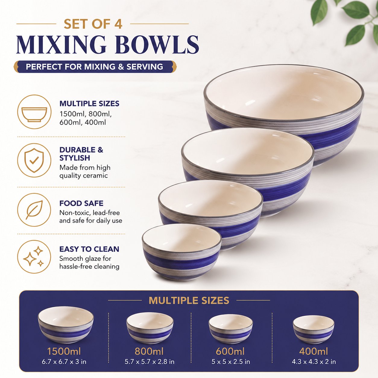 Kunhar Ceramic Mixing Bowl Set – 4 Pieces (1500ml, 800ml, 600ml, 400ml), Monsoon – Durable, Microwave & Dishwasher Safe – Ideal for Mixing, Serving & Storage - Image 9