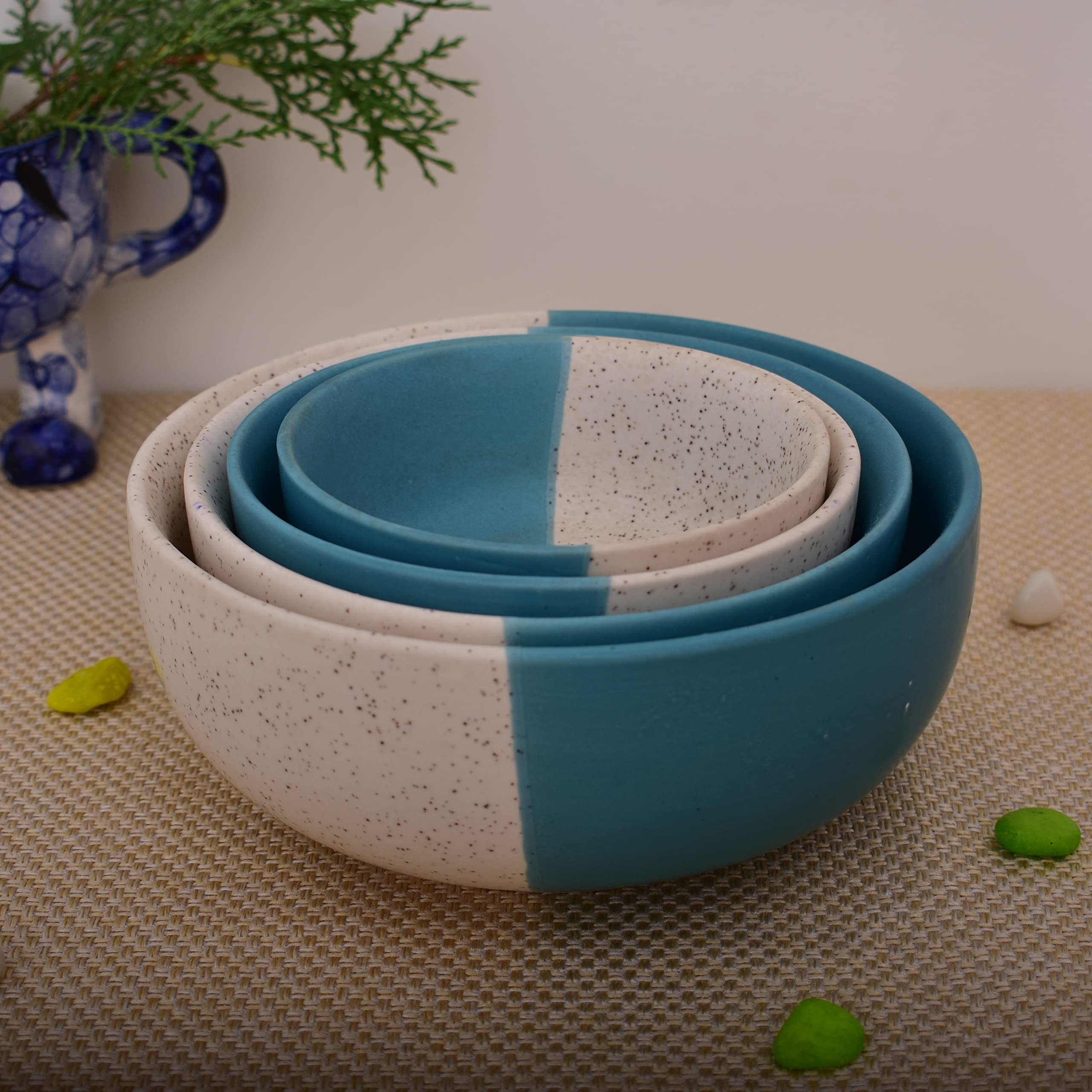 Kunhar Ceramic Mixing Bowl Set – 4 Pieces (1500ml, 800ml, 600ml, 400ml), White Dusty Blue – Durable, Microwave & Dishwasher Safe – Ideal for Mixing, Serving & Storage - Image 5