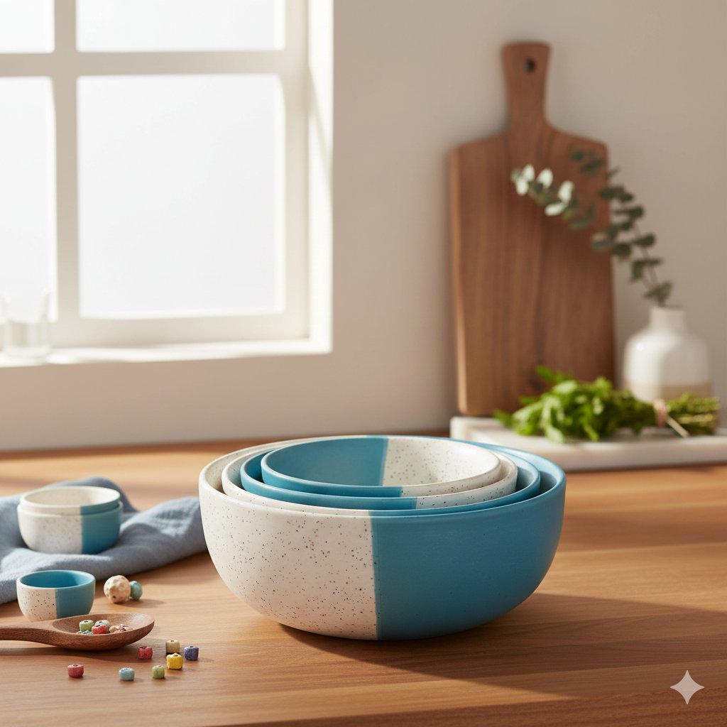 Kunhar Ceramic Mixing Bowl Set – 4 Pieces (1500ml, 800ml, 600ml, 400ml), White Dusty Blue – Durable, Microwave & Dishwasher Safe – Ideal for Mixing, Serving & Storage - Image 4