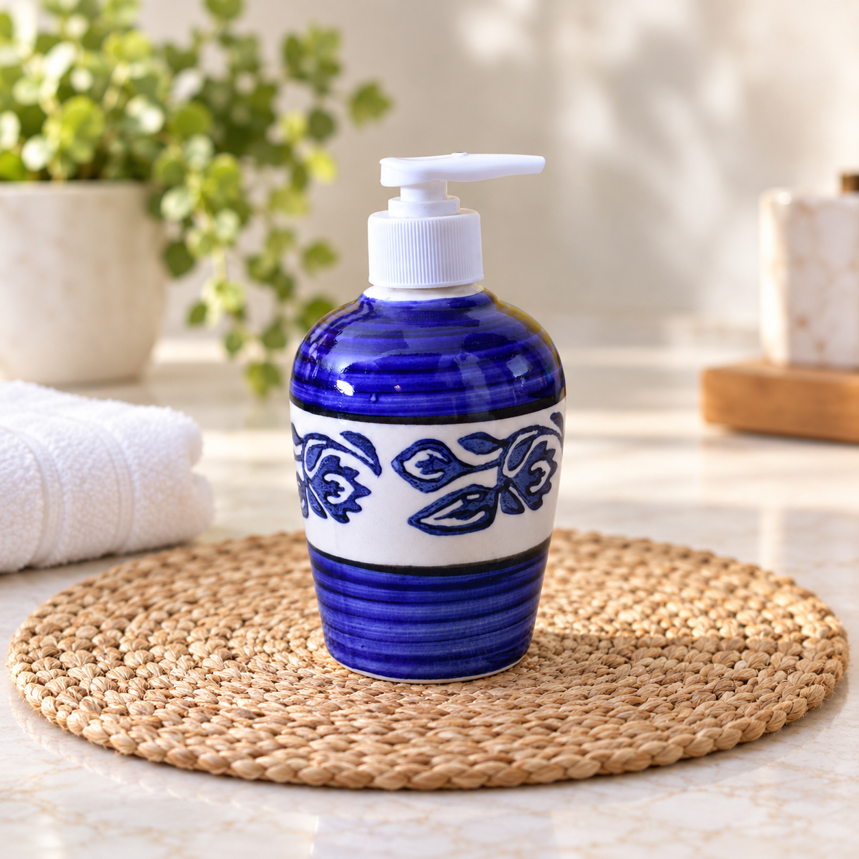 Kunhar Ceramic Liquid Soap Dispenser, 300 Ml, Blue Vine