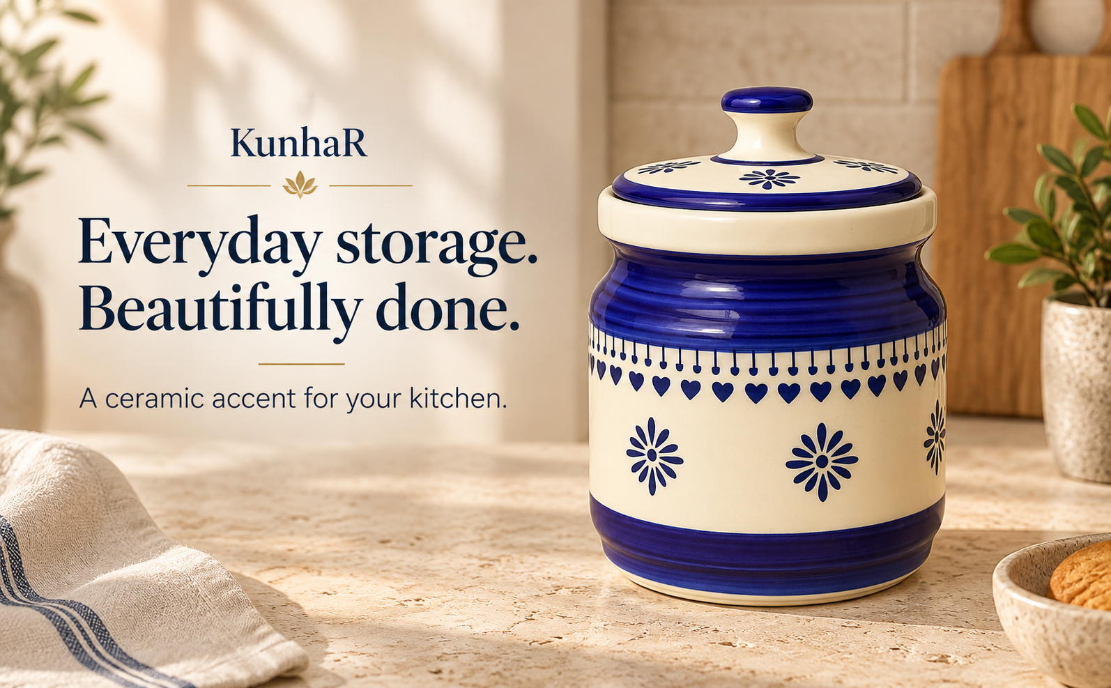 Kunhar Ceramic Jars (1000 ML) – Handcrafted Multipurpose Barni with Lid for Pickle, Chutney, Spices, Salt, Sugar – Kitchen Storage Containers, Blue Cream — hero